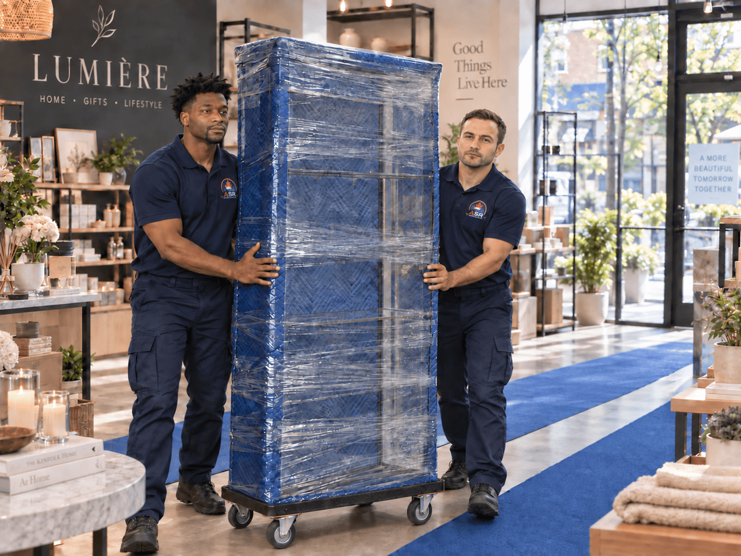 ASR retail movers carefully handling a protected glass display cabinet