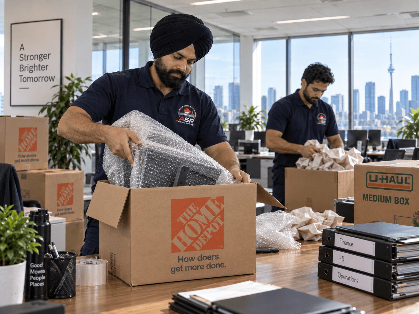 ASR movers carefully packing computer equipment for an office relocation