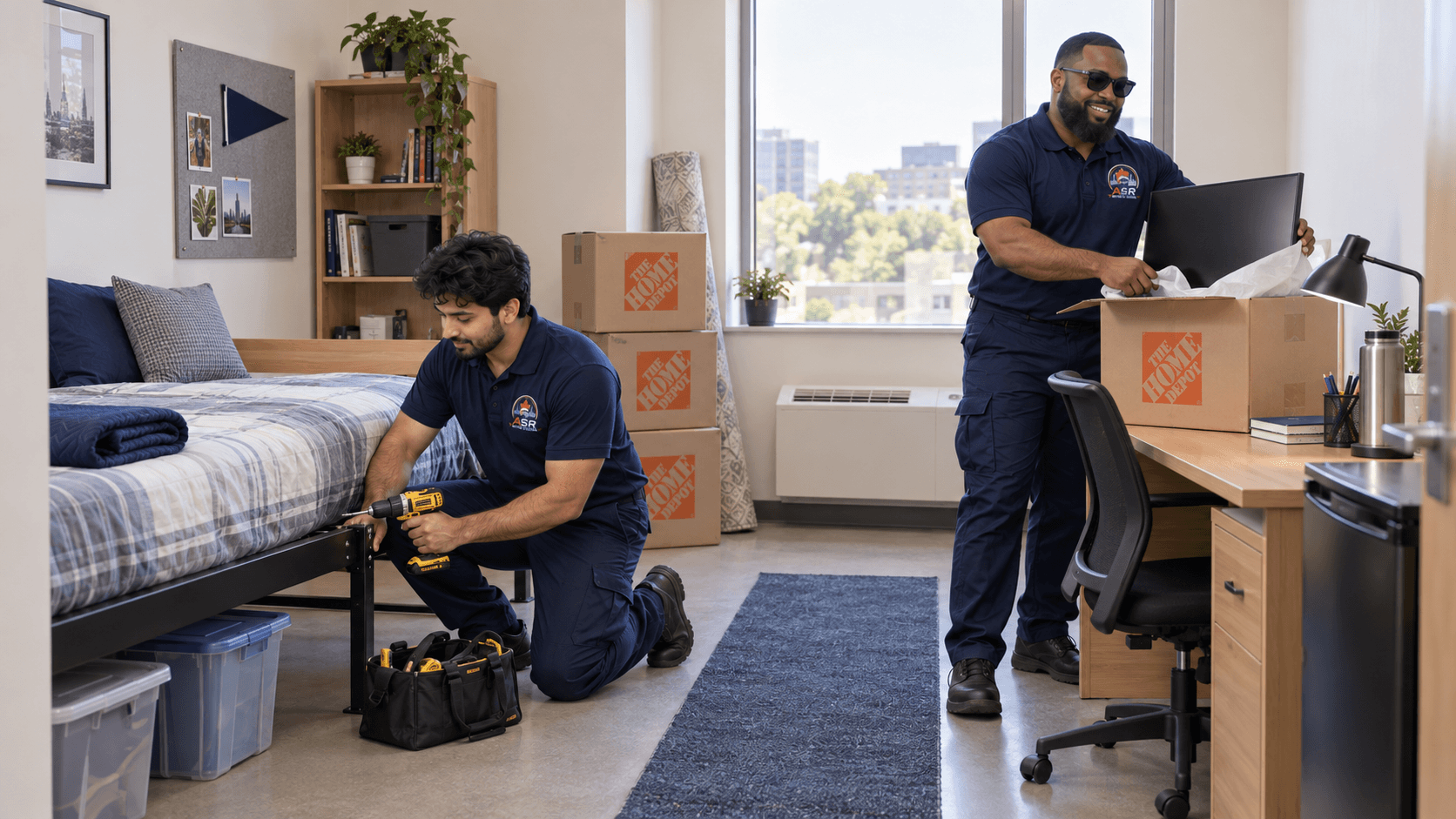 ASR movers setting up furniture and packing belongings in a student room