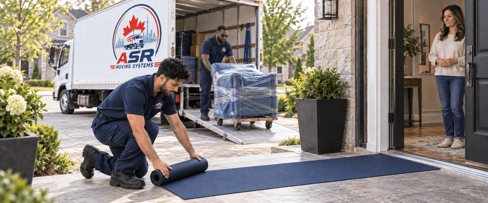 ASR movers protecting a customer's entrance with a professional floor runner while carefully unloading furniture